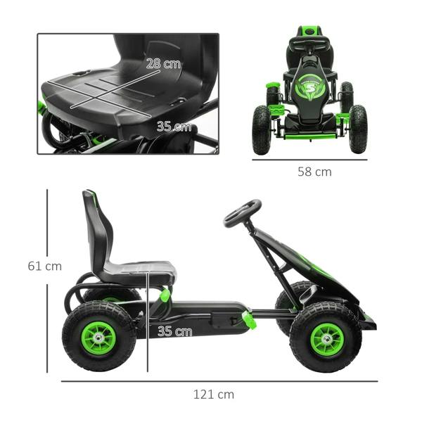 Black kids pedal go-kart with green trim, side view showing adjustable seat and pedals.