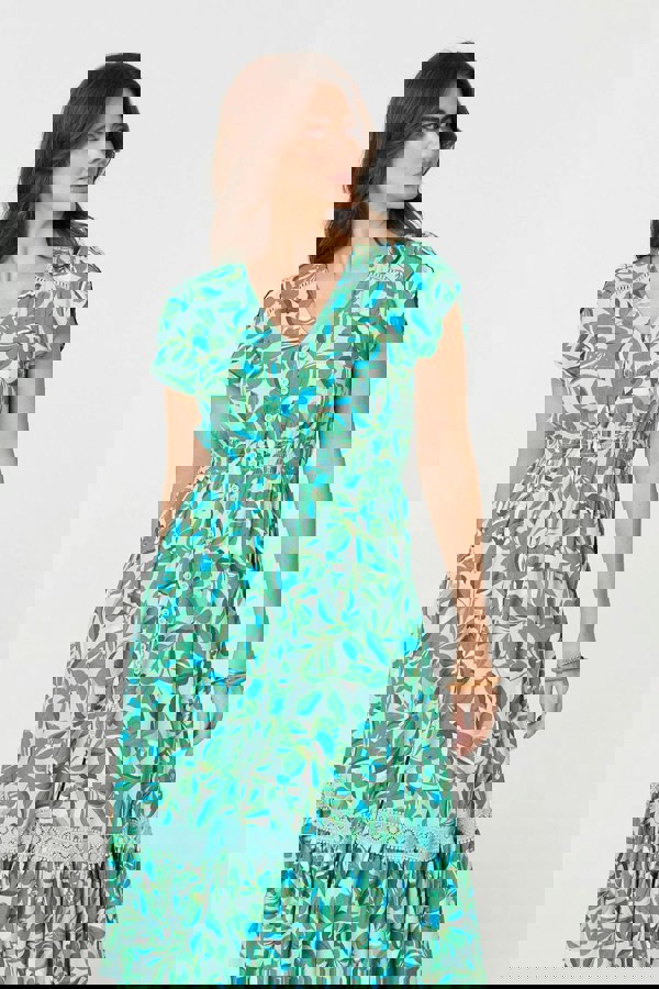 Green | Leaf Print Cap Sleeve Lace Trim Midi Dress
