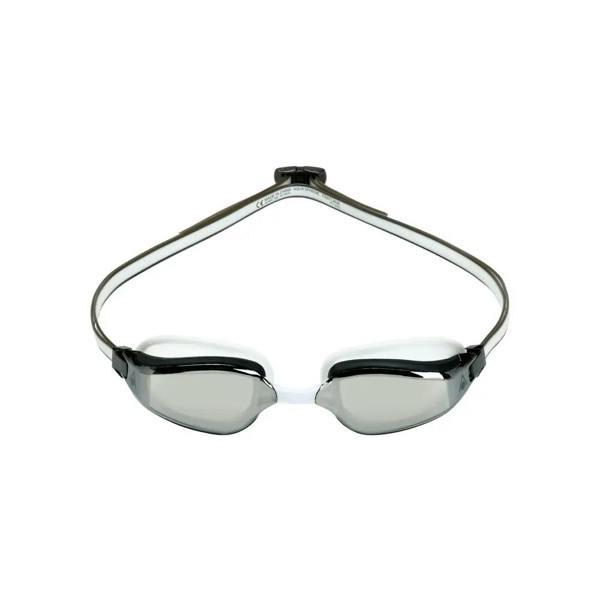 Silver and black Aqua Sphere Fastlane goggles with clear lenses and adjustable strap
