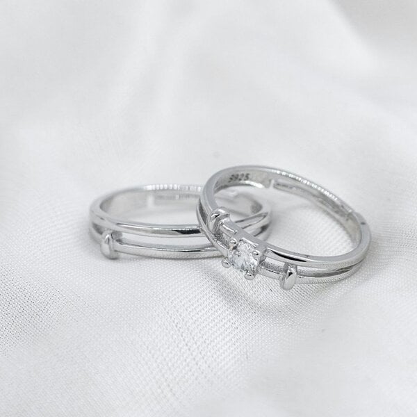 The Colourful Aura Adjustable Silver his and hers Zircon Promise Striped Ring set