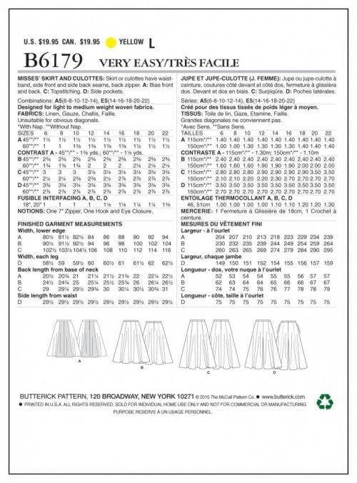 Butterick Sewing Pattern 6179, Shorts, Skirts for Women, 6-8-10-12-14 - Easy