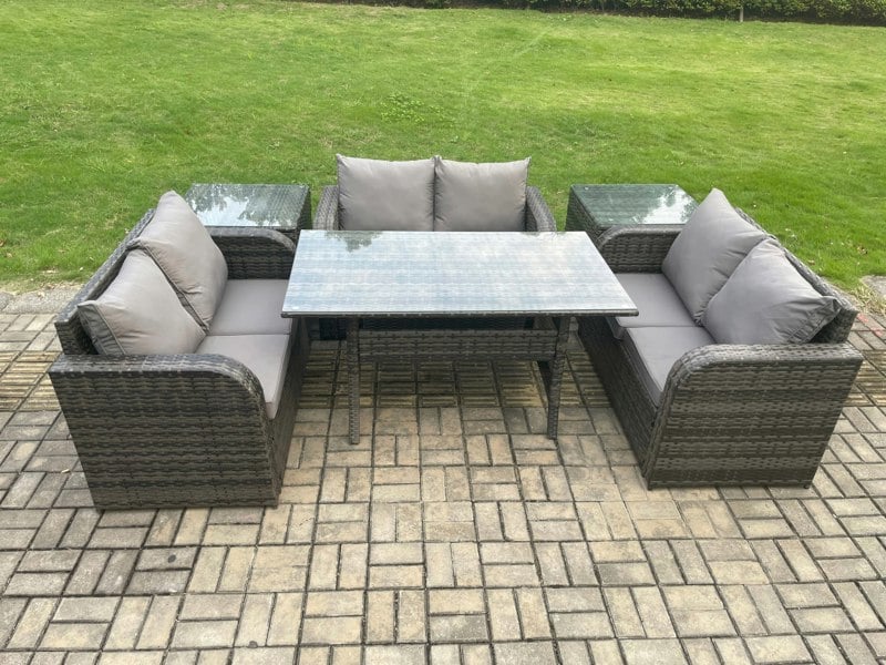 Fimous 6 Seater Outdoor Rattan Garden Furniture Set with Patio Love Sofa Rectangular Dining Table 2 Side Tables Dark Grey Mixed