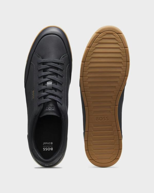 BOSS Orange Nitan Mens Leather Trainers with Foil Logo - Dark Blue 402 | CHO | Designer Mens Trainers