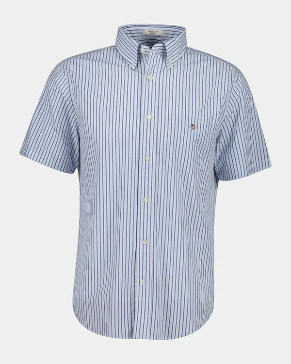 GANT Mens Regular Fit Poplin Stripe Short Sleeve Shirt - 457 Fresh Blue | CHO | Designer Mens Short Sleeve Shirts