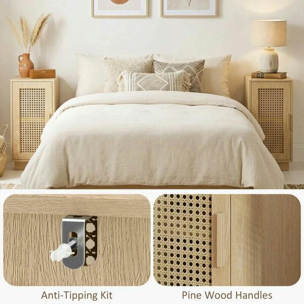 Bobobiy Set of 2 Bedside Tables with Rattan-Decor Doors, Boho Slim Nightstands with Adjustable Shelf, Natural Wood Finish