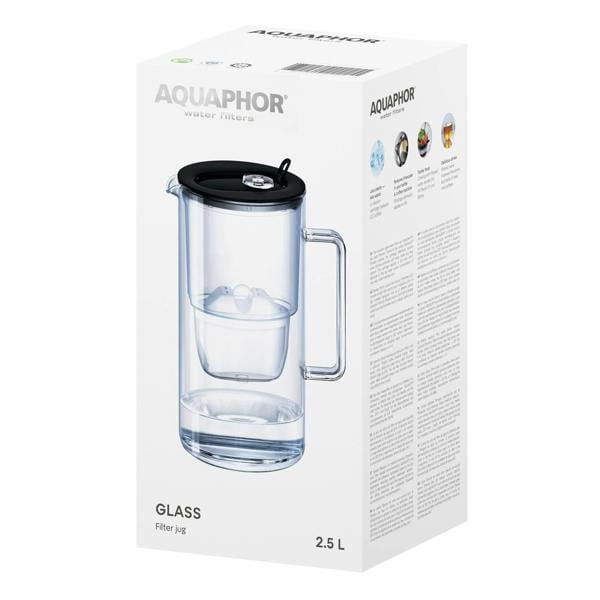 AQUAPHOR Glass 2.5 Litre Water Filter Jug in Black with 1 x Maxfor+ filter