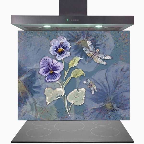 Claire Louise - Designer Powder Bloom Pansies Glass Kitchen Splashback