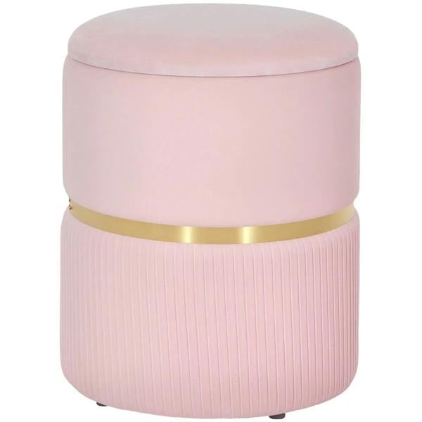 Pink velvet-look storage ottoman with ribbed sides and gold trim ring