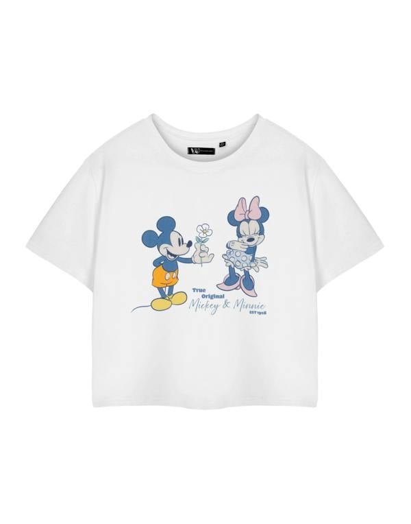 Disney Womens White True Original Mickey & Minnie Cropped Short Sleeved T-Shirt