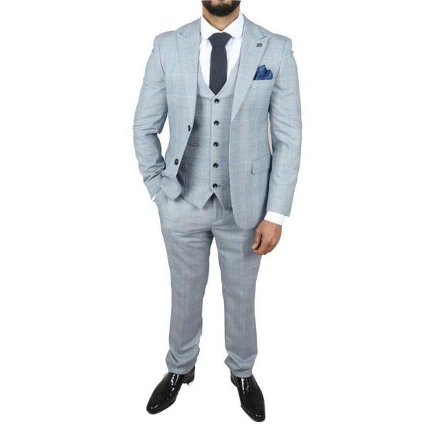 Infinity Leather Men's Blue Checked 3 Piece Suit Tailored Fit Suit Formal Wedding