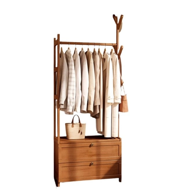 Modcraft Heavy Duty Bamboo Clothes Rail Rack with Drawers & Hooks – Open Corner Garment Stand Wardrobe