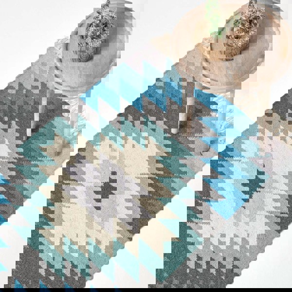 HOMESCAPES Helsinki Handwoven Geometric Blue Grey and Cream Kilim Wool Rug