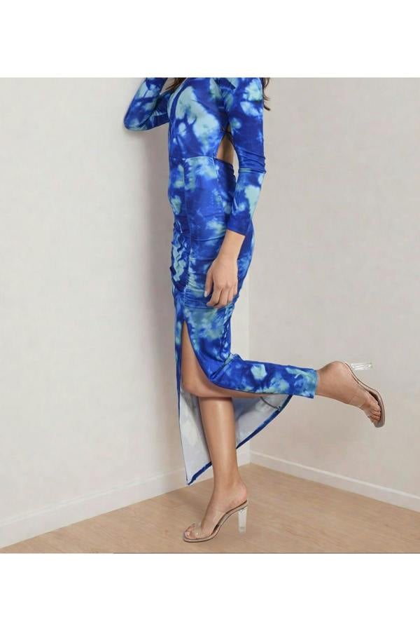 Priscilla Printed Long Sleeve Cross-tied Back Midi Dress - Royal Blue