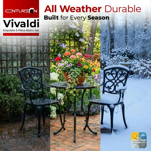 Centurion Supports VIVALDI Black 3-Piece Cast Aluminium Garden Bistro Set - with Green Cushions