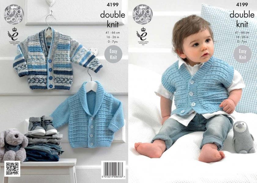 King Cole Cherish Knitting Pattern 4199, Waistcoats, Jackets for Baby, 16 - 26 Inches - Intermediate
