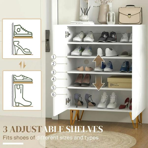 White shoe cabinet open with multiple shelves showing assorted footwear