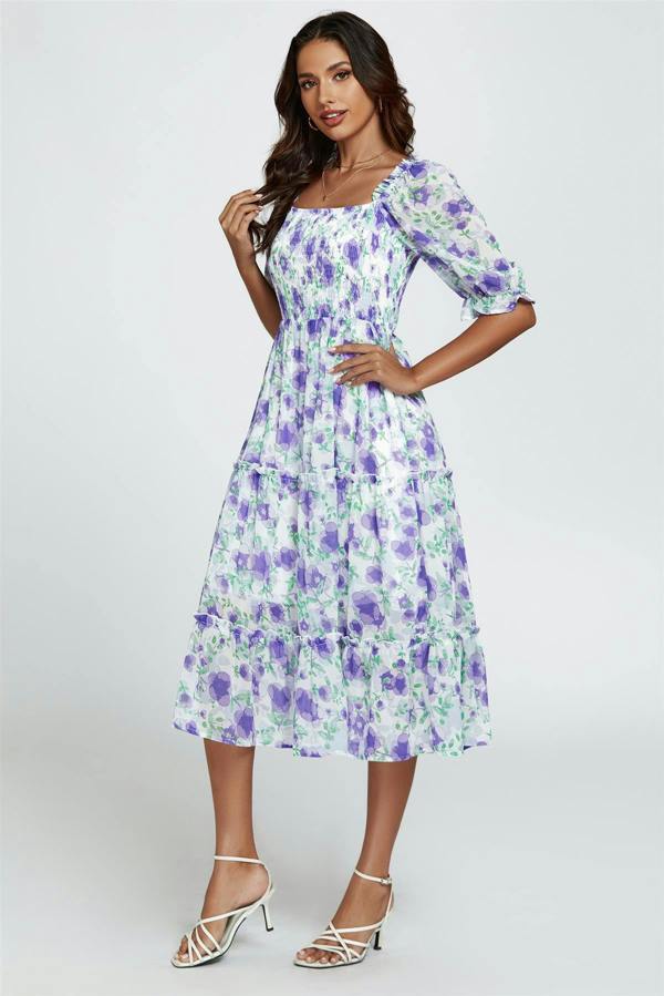 FS Collection Floral Print Bardot Puff Sleeve Elasticated Detail Midi Dress In White