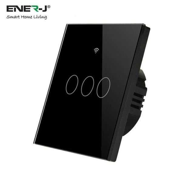 ENER-J Smart 3 Gang Switch – WiFi Touch Light Switch No Neutral, Alexa & Google Compatible, Black UK Glass Panel