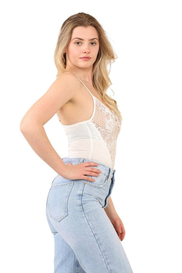 Elaina Fashion Lace Front Bodysuit – Elegant Sheer V-Neck Sleeveless Top