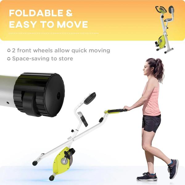 Foldable exercise bike with front transport wheels and lime yellow flywheel housing