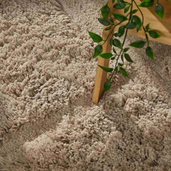 Close-up of a textured beige carpet with a wooden plant stand and green leaves.