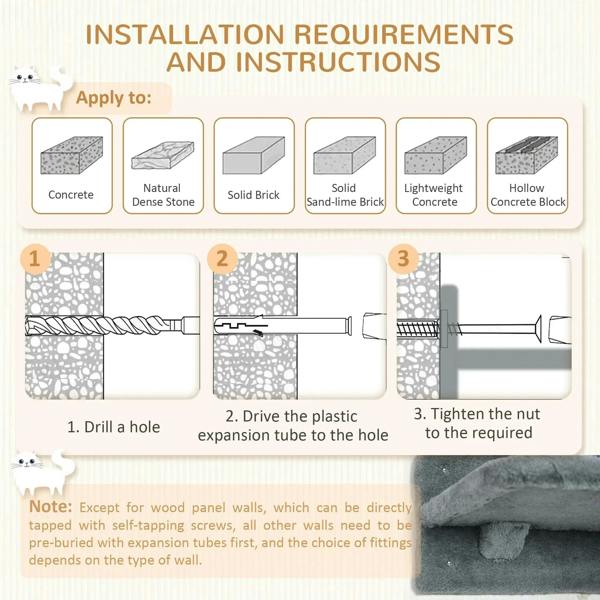 Wall-mount installation guide for a grey wall-mounted cat tree with mounting steps