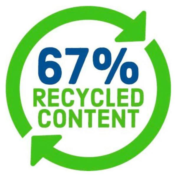 67% recycled content logo showing circular green arrows around recycled content text