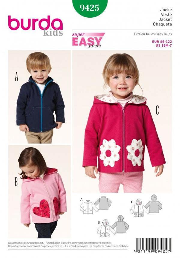 Burda Sewing Pattern 9425 Jackets For Kids and Babies, 18 Months - 7 Years - Easy