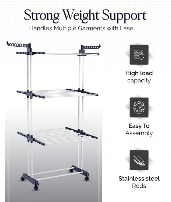 ADOV Airer Clothes Drying Rack, 4-Tier Foldable Stainless Steel Clothes Airer with Wheels and Side Wings