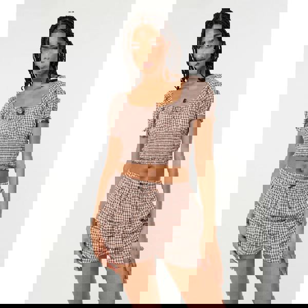 Pink Vanilla Gingham Puff Sleeve Crop Top