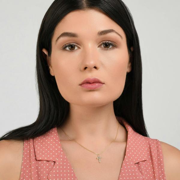 Gold Cross Pendant Necklace with Baguette Cubic Zirconia - namana.london