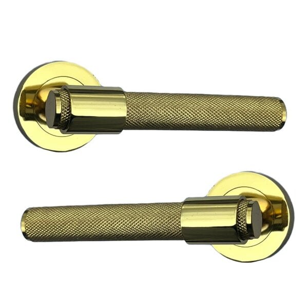 EDH Door Hardware Knurled Door Handles Brass Polished Loop & Neck Lever on Round Rose Latch Handle