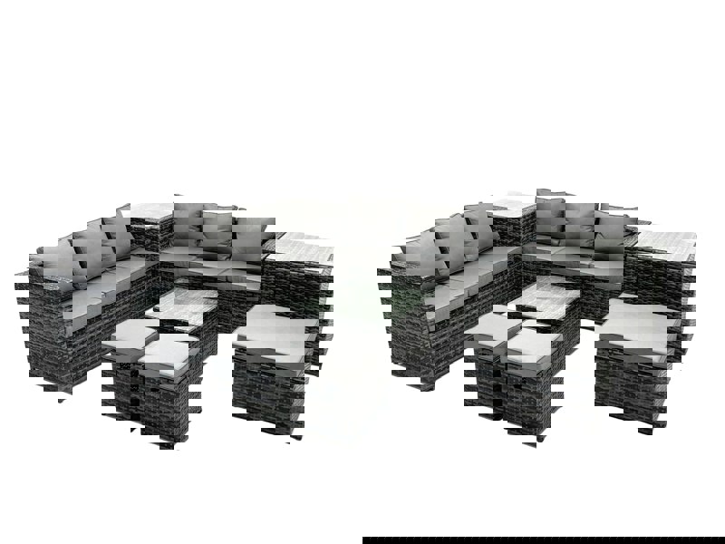 Fimous Outdoor Rattan Garden Furniture Set 9 Seater Patio Lounge Sofa Set with Square Coffee Table 2 Side Table 3 Footstools Dark Grey Mixed