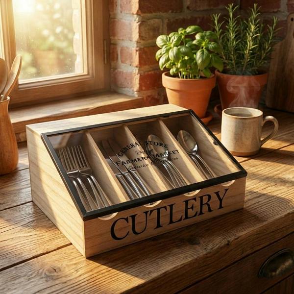Wooden cutlery set in a box on a wooden surface with plants and a mug in the background.
