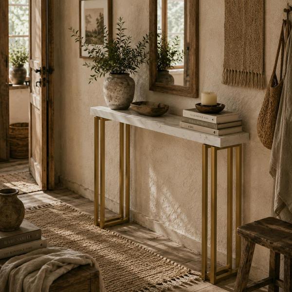 Wyld Haus Mahota Metal And Faux Marble White Slim Entryway Console Table With Safety Bracing