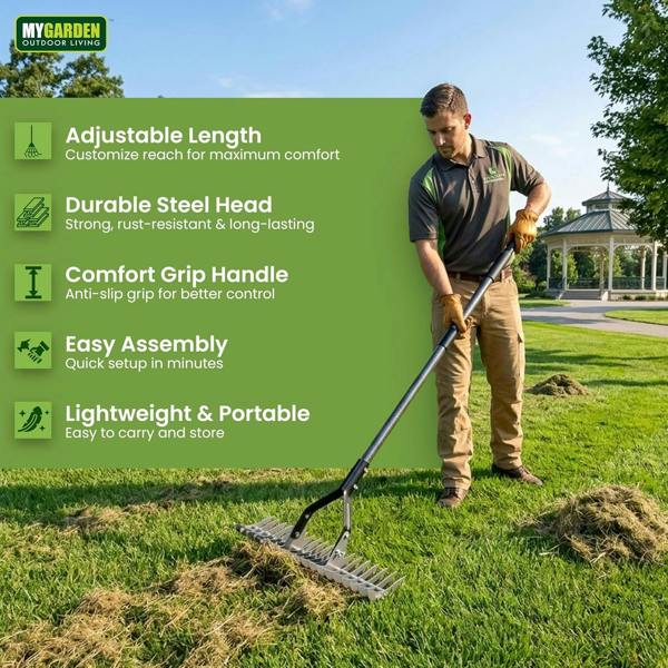 My Garden Outdoor Living My Garden Extendable Thatch Rake 1.77M - Manual Lawn Scarifier - Adjustable Steel Handle - Moss & Thatch Rake