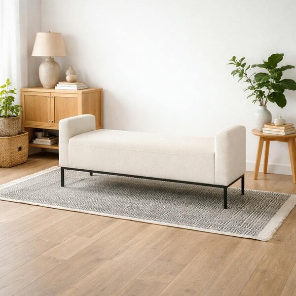 Wyld Haus Brooklyn Ivory Linen Bench Black Metal Legs