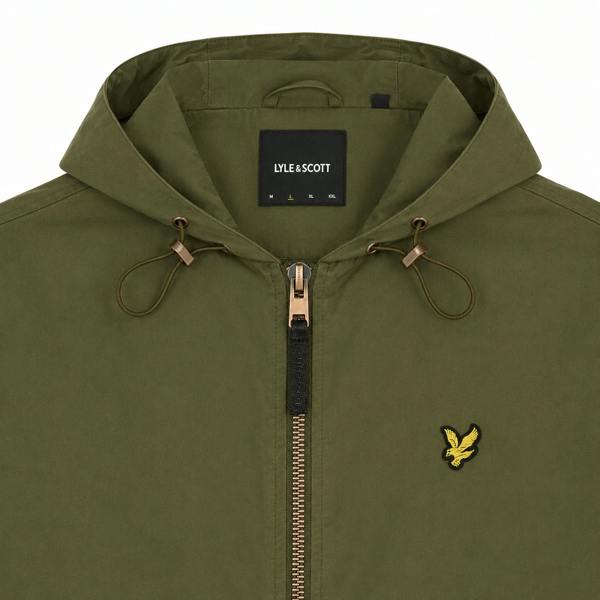 Lyle & Scott true olive waxed utility jacket featuring a hooded design, gold-tone zip, and iconic eagle logo.