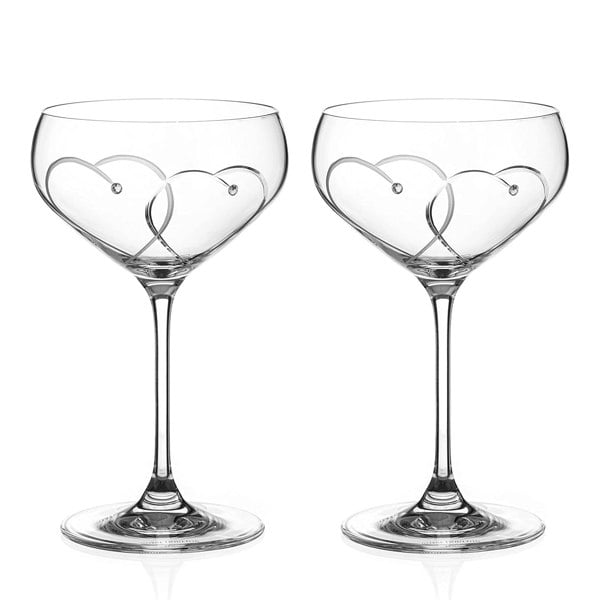 Diamante Two Hearts Champagne Saucers Adorned with Crystals by Swarovski® - Set of 2