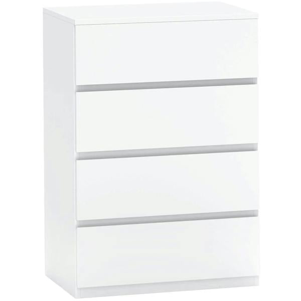 White 4-drawer storage cabinet with flat fronts and slim bar handles