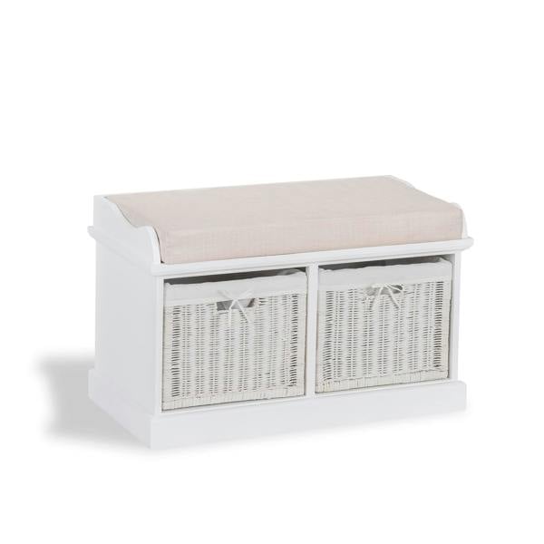 Statement Furniture Tetbury White Bench with White Wicker Baskets and Cream Cushion