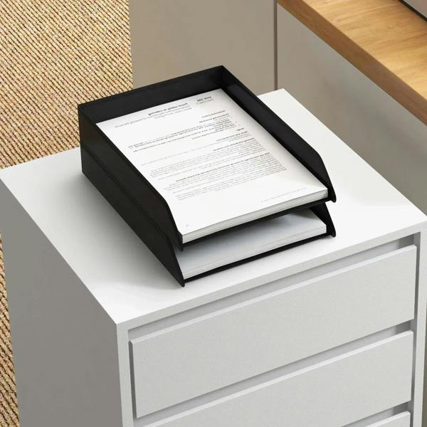 White filing cabinet drawer front with black letter-size document tray liner