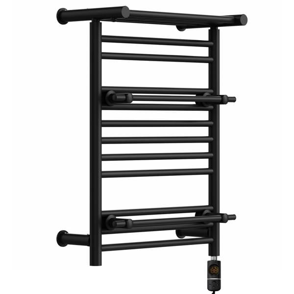 MYHOMEWARE 490mm Wide Electric Black Heated Towel Rail Radiator Top Shelf & Two Towel Holder OSLO For Bathroom - AF Thermostatic Element