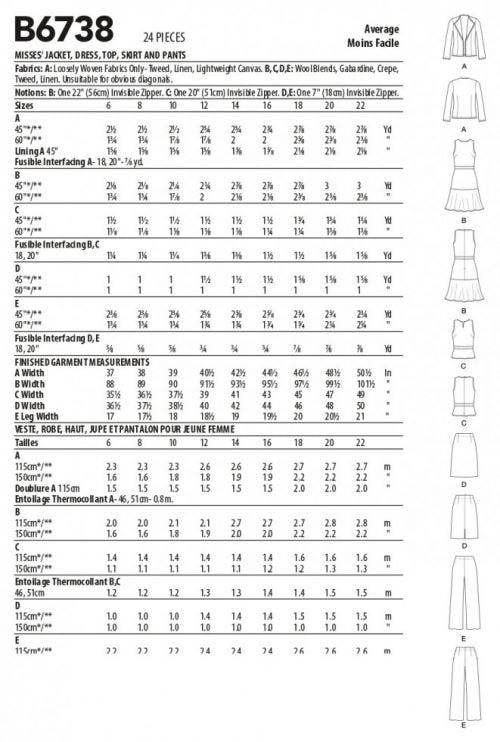 Butterick Sewing Pattern 6738, Jackets, Dresses, Tops, Skirts, Trousers for Women, A5 (6-8-10-12-14) - Intermediate