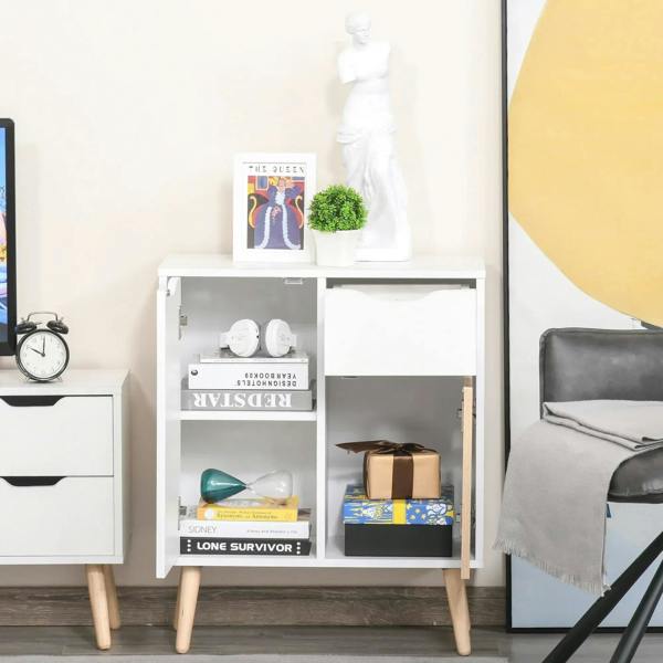 White sideboard with open cabinet doors and internal shelves, plus drawer and wood-front panel.