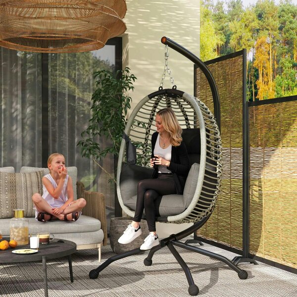 Bobobiy Outdoor Swing Chair with Thick Padded Cushion, Patio Hanging Egg Chair with Metal Stand, Foldable Basket, Rope Structure, Dark Grey