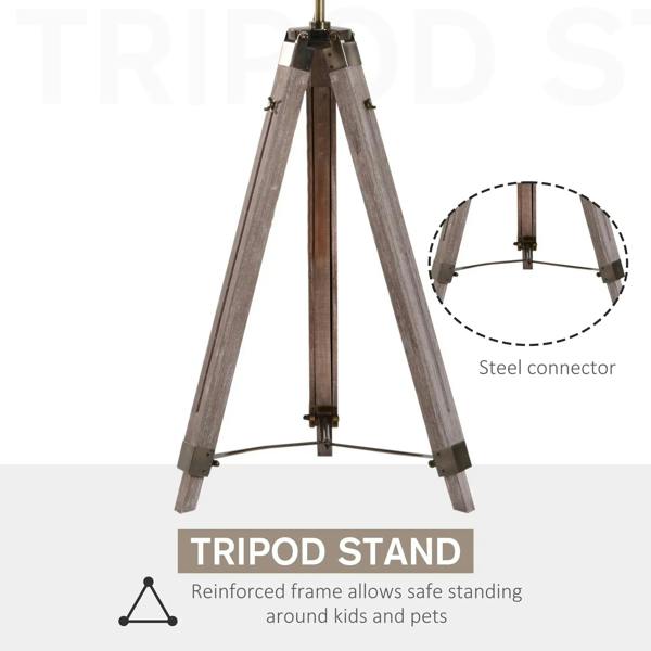 Industrial tripod floor lamp with reinforced frame and grey wood legs
