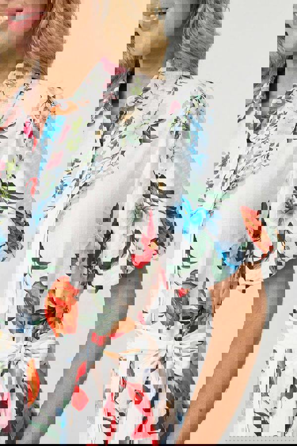 White | Floral 1/2 Puff Sleeve Midi Shirt Dress