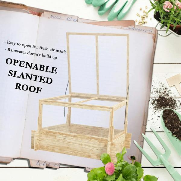 Wood greenhouse planter box with slanted open roof frame and raised sides