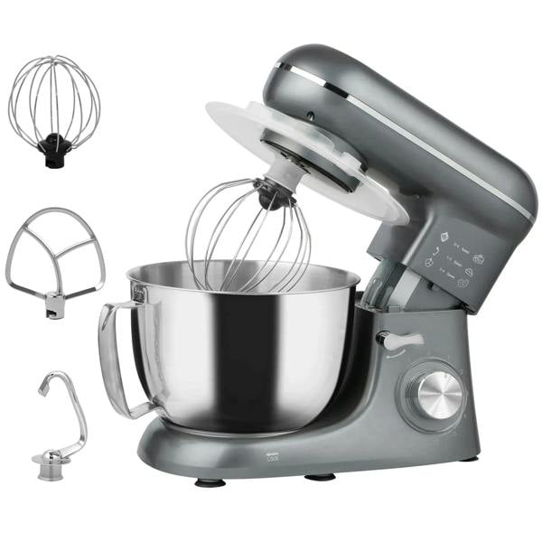 Silver kitchen stand mixer with stainless bowl and wire whisk attachment